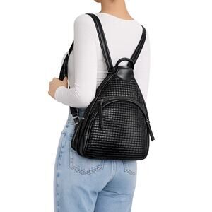 Black Woven Leather Convertible Backpack Purse Bottle Pocket Travel Bag
